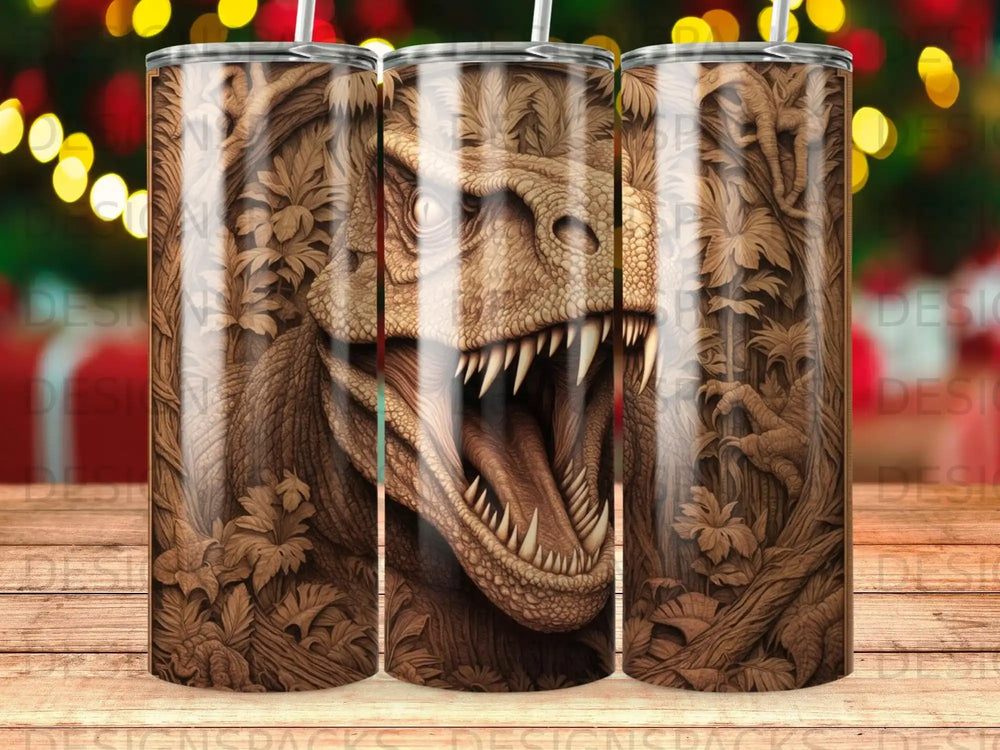 T-Rex dinosaur head in a wood-carved forest on a tumbler.
