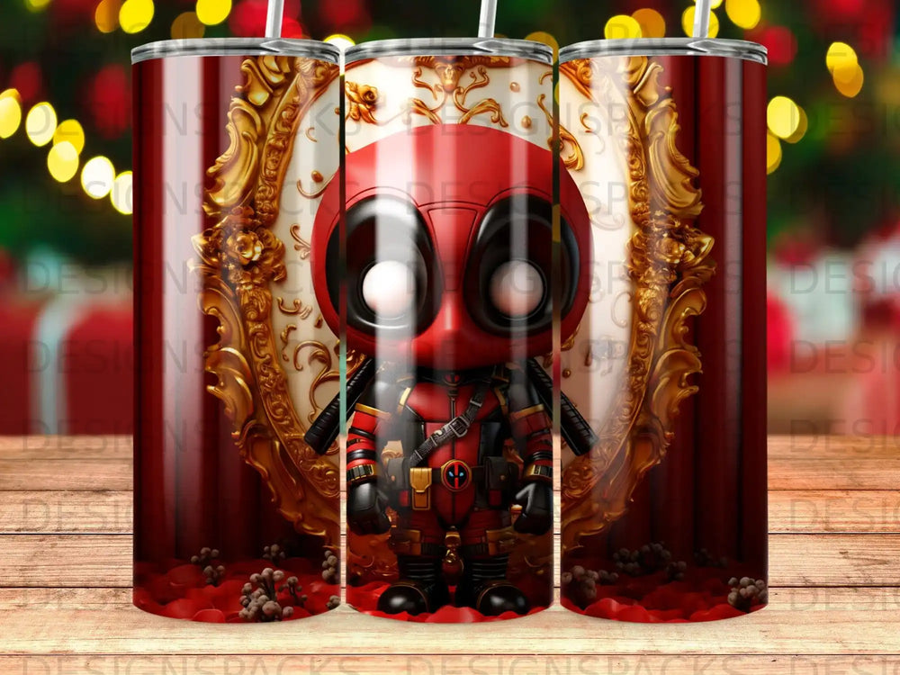 Chibi Deadpool character in ornate frame with red curtains and rose petals.