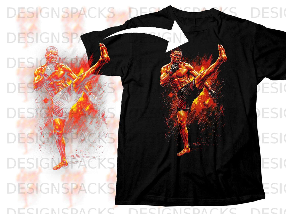 Black t-shirt with graphic of fighter performing a high kick with fiery background.