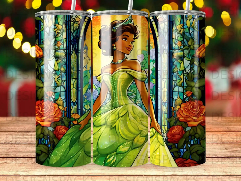 Tiana in a green ballgown stands in front of a stained-glass window with roses.