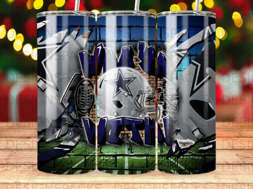 Dallas Cowboys helmet and football on a brick wall with green field background.