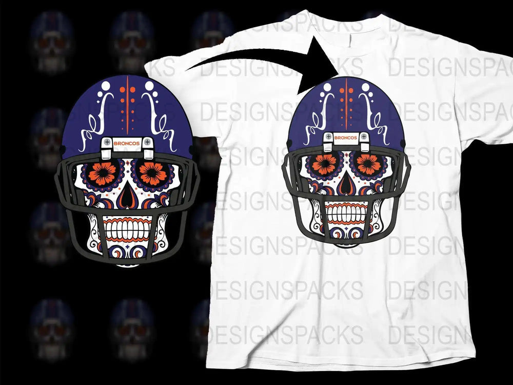 Sugar Skull Football Helmet T-Shirt, Denver Color Theme, Artistic Sports Apparel, Unique Graphic Tee Design for Fans