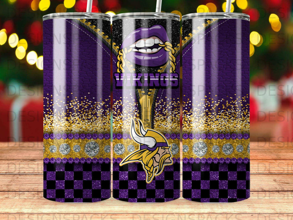 Purple and gold Viking logo tumbler with glittering lips and diamonds.