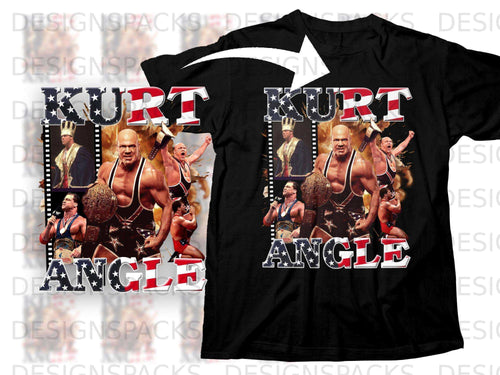 Black t-shirt with Kurt Angle wrestling graphic and 