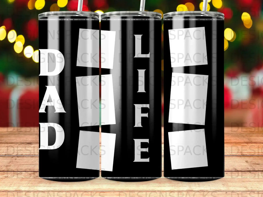 Black tumbler with white "DAD LIFE" text in a vertical block arrangement.
