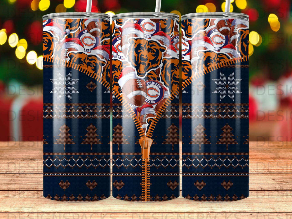 Chicago Bears-themed tumbler with a zipper and snowflake pattern.