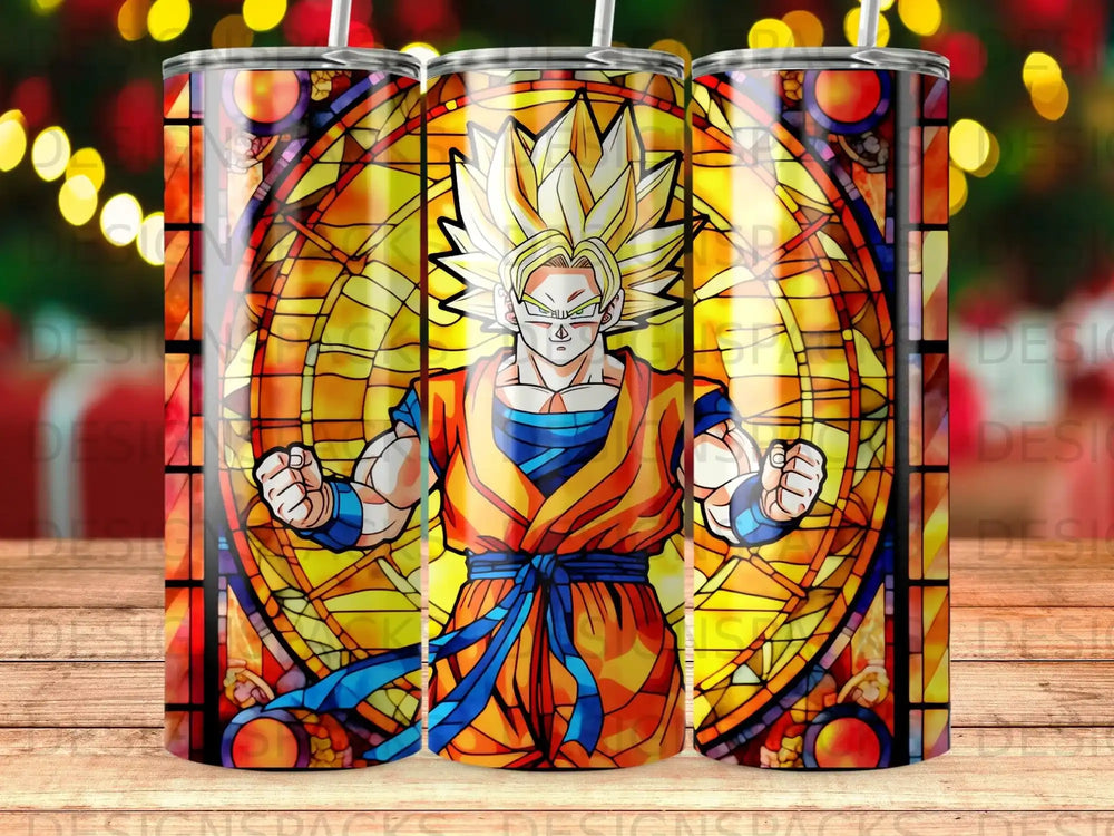 Goku in an orange gi within a stained glass design.
