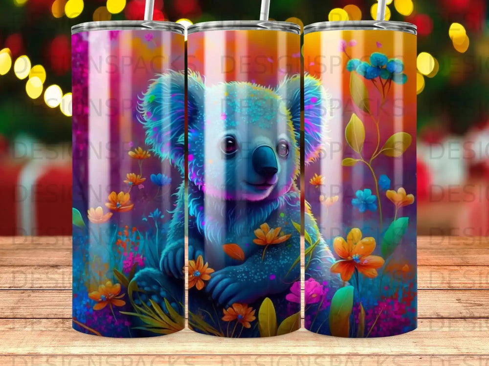 Whimsical koala surrounded by colorful flowers and foliage.