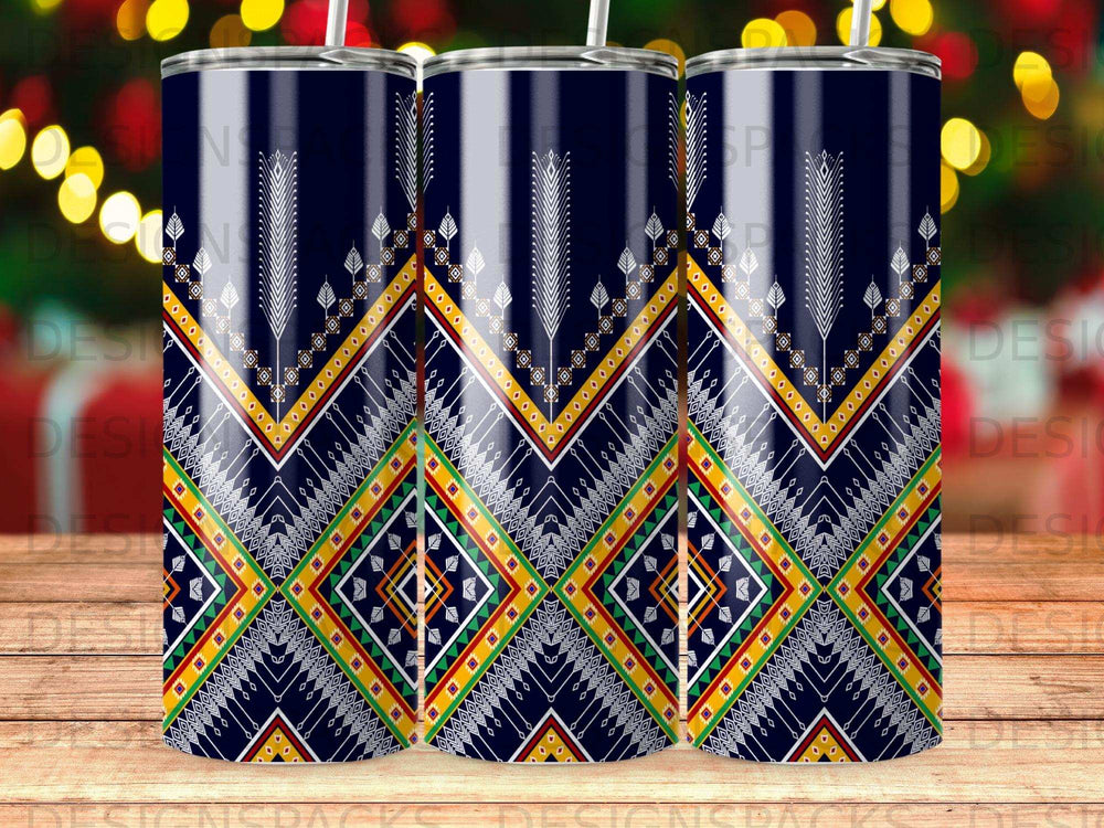 Three navy blue tumblers with geometric tribal pattern and yellow, red, green, and white accents.