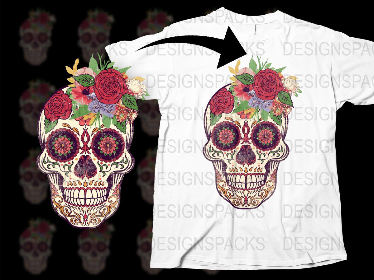 Dia de los Muertos Sugar Skull T-Shirt, Floral Crown, Mexican Tradition, Unisex Cotton Tee