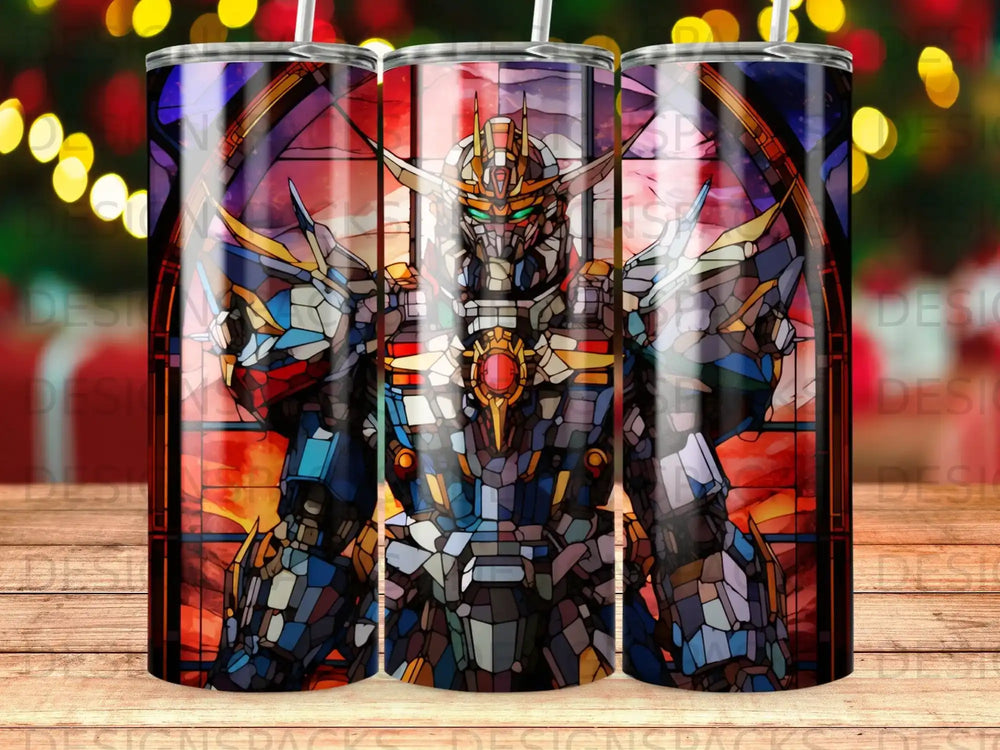 Gundam robot design on a tumbler with stained glass background and festive lights.