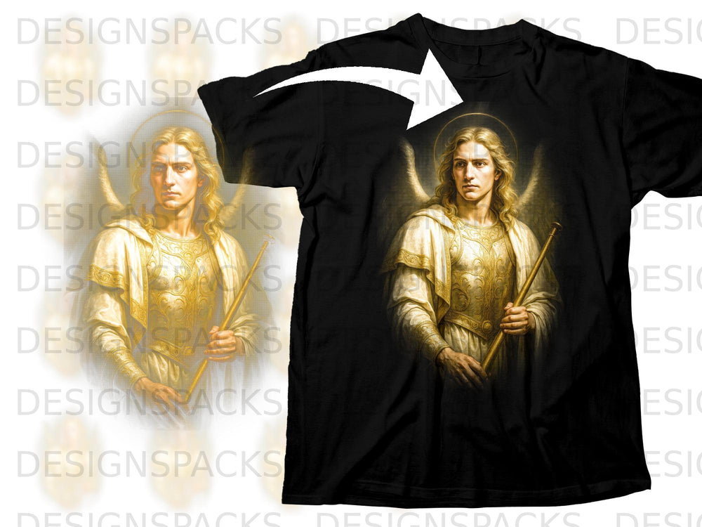 Black t-shirt with an angel in ornate armor holding a staff.
