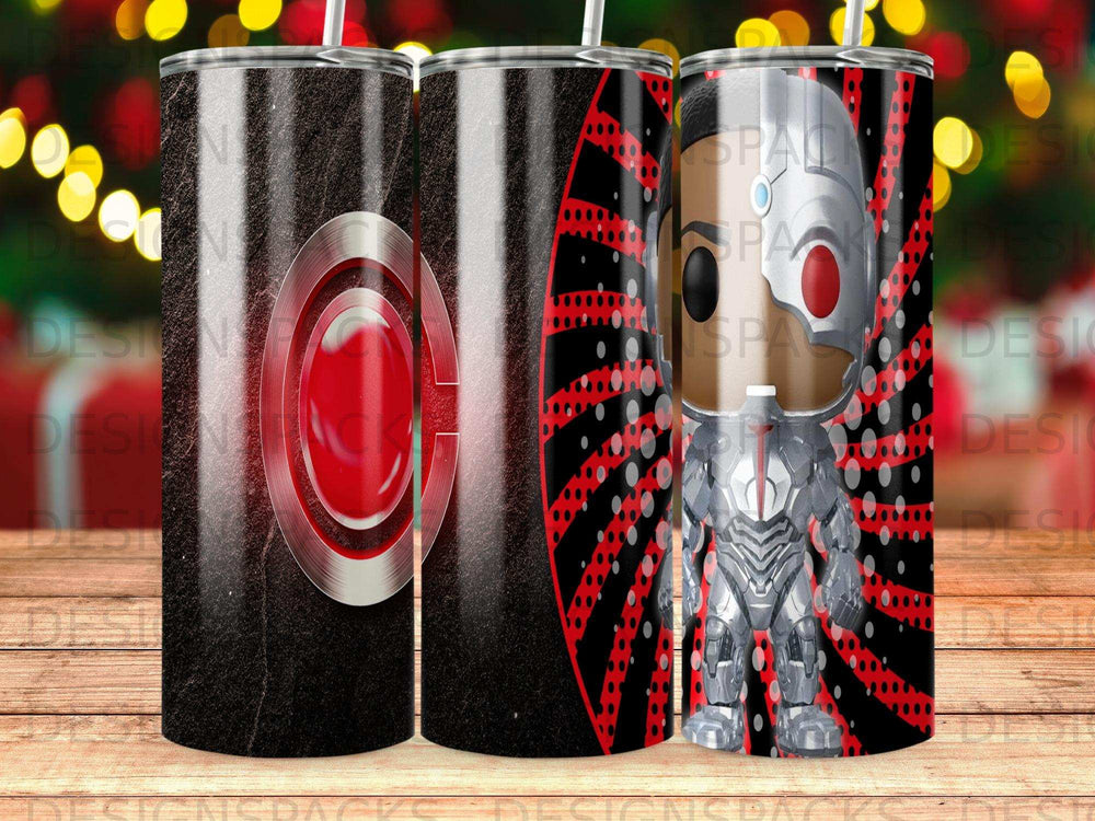 Chibi cyborg with red and black radial background on tumbler.