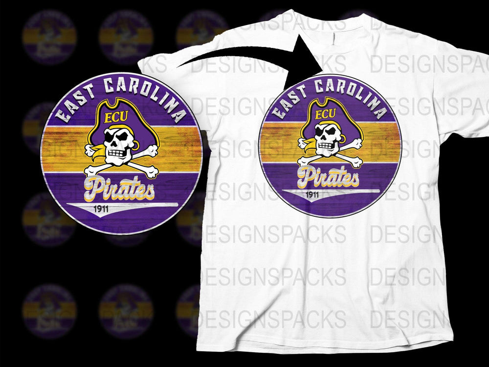 East Carolina University Pirates T-Shirt, ECU Logo Graphic Tee, Purple and Yellow, College Apparel, Fan Gear, 1911 Vintage Style