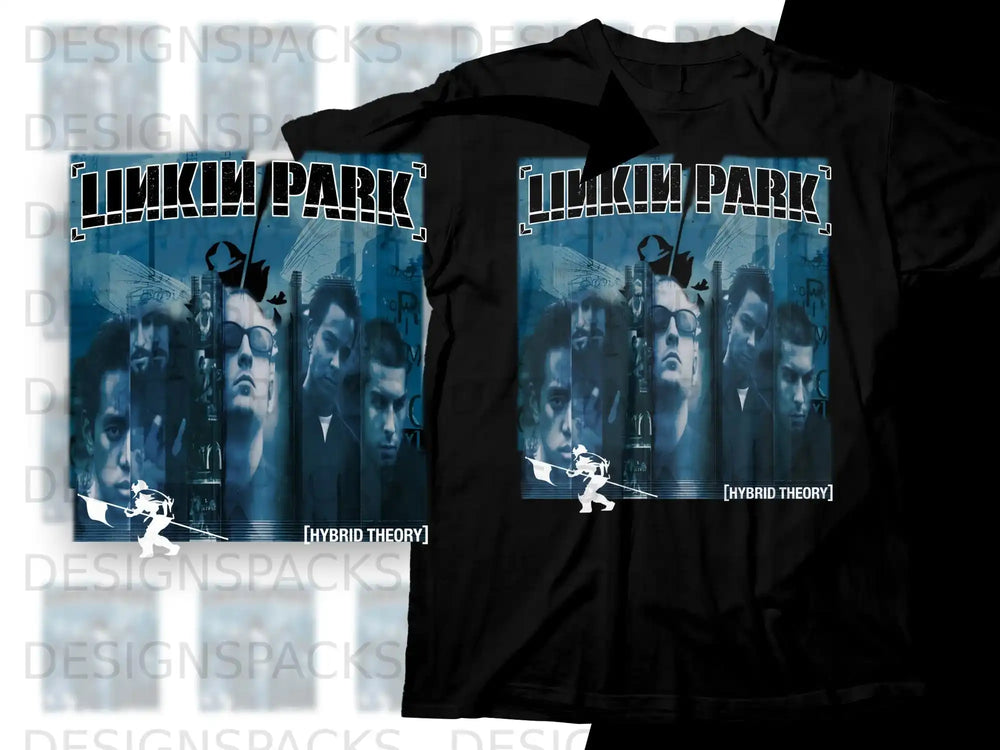 Linkin Park Hybrid Theory album cover art on black t-shirt.