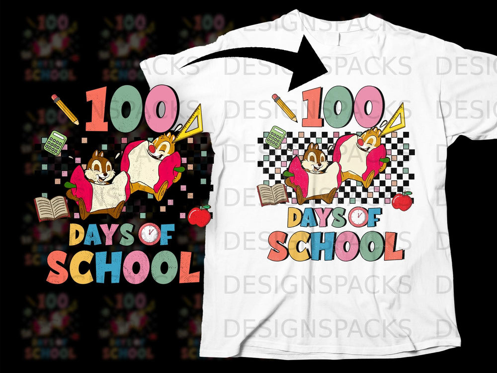 Chipmunks celebrate 100 days of school with apples, books, and school supplies.