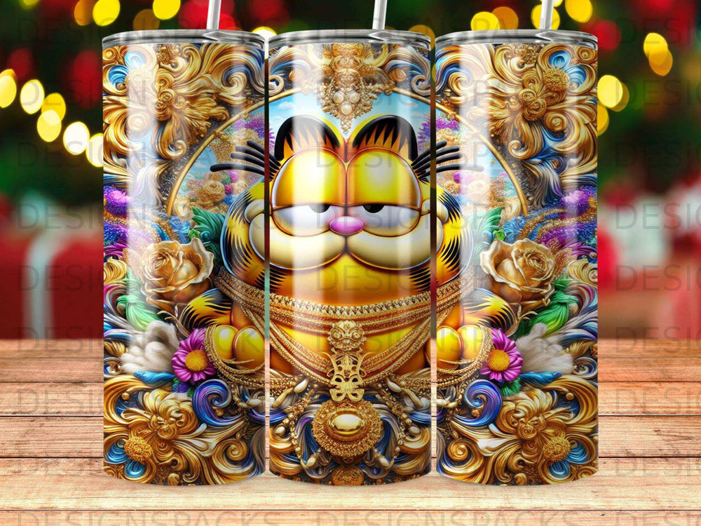Garfield in ornate gold frame with flowers and bokeh lights.