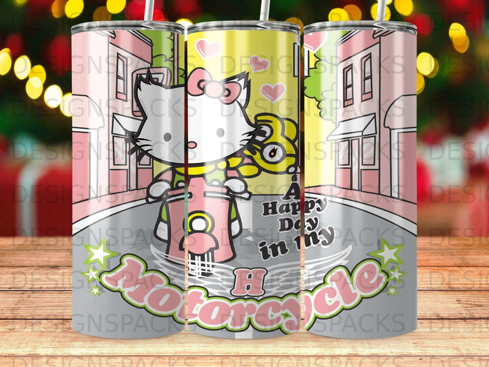 Hello Kitty on a motorcycle with "Happy Day in My Motorcycle" text.