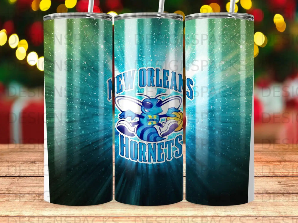 New Orleans Hornets basketball team logo on a blue and green abstract background tumbler.