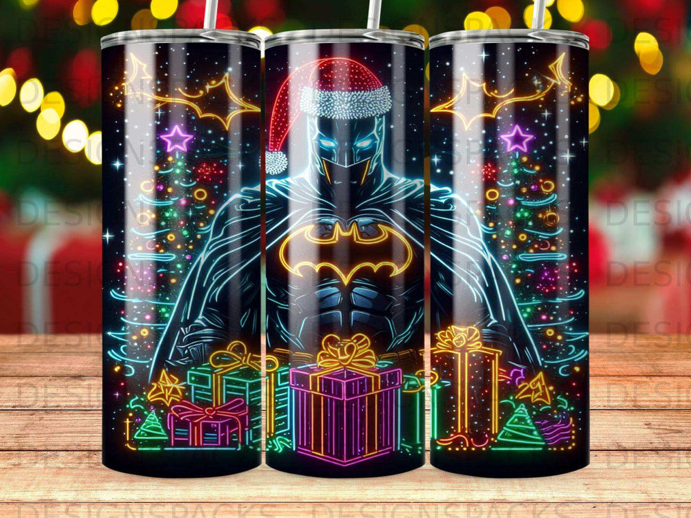 Neon Batman wearing a Santa hat surrounded by Christmas gifts and lights.