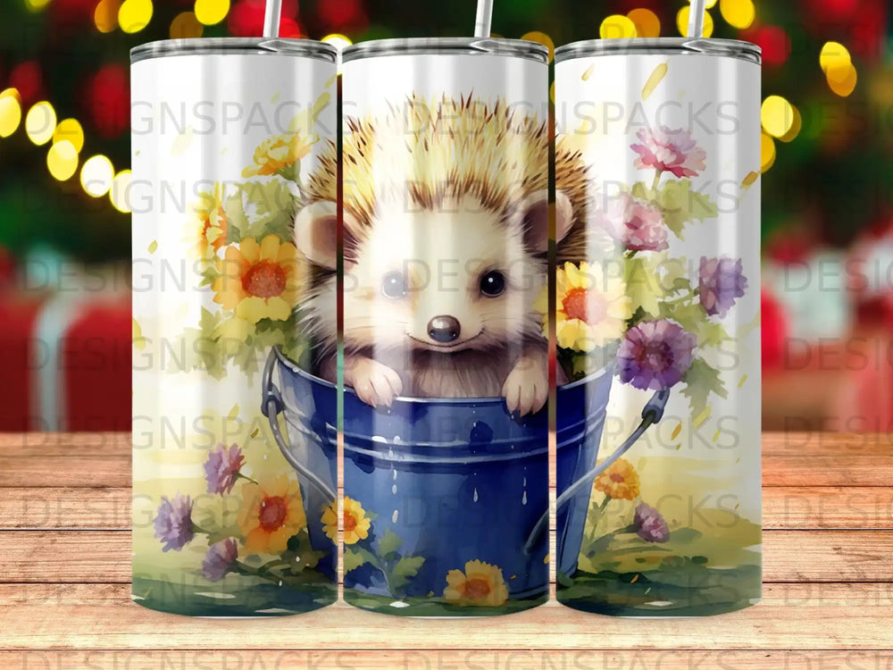 Hedgehog peeking from a blue bucket surrounded by flowers.
