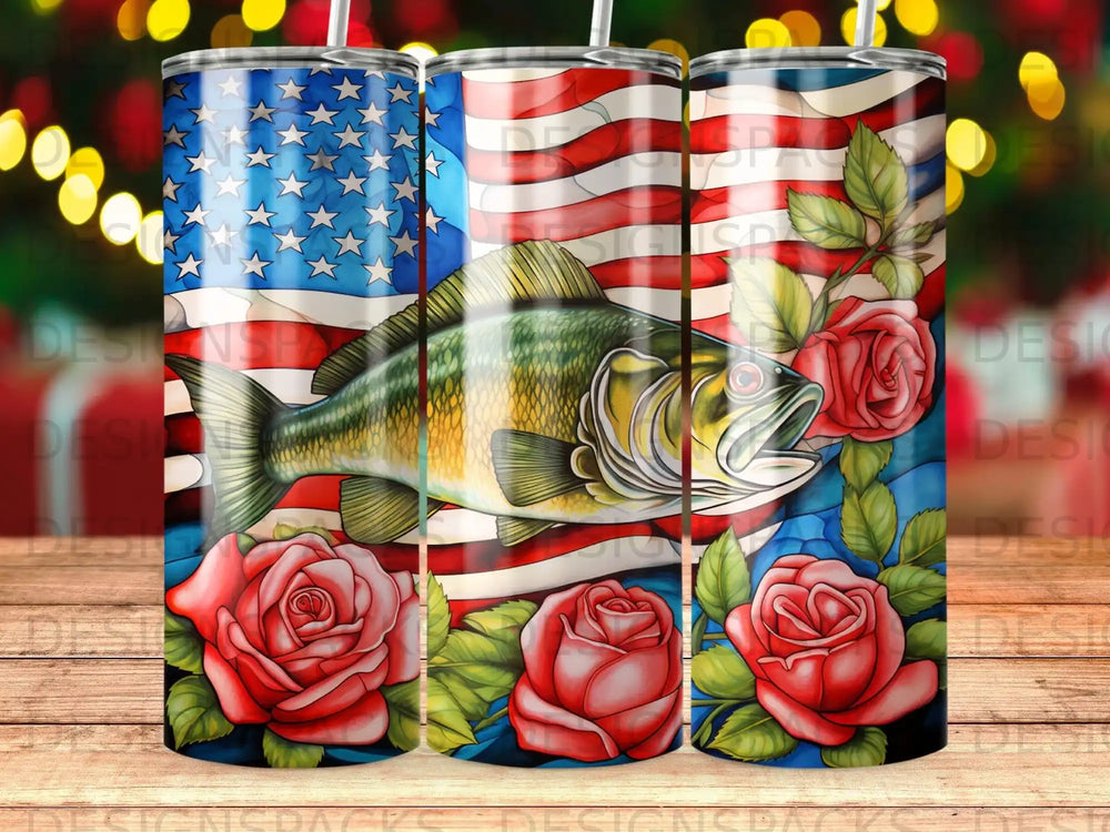 Bass fish and roses overlay American flag pattern on tumbler.