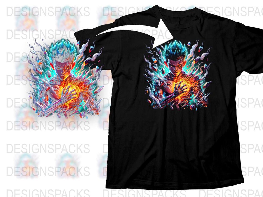 Men's Graphic Tee with Vibrant Blue Flame Design, Cool Fantasy Art T-Shirt, Unique Fire Print Shirt, Gift for Him