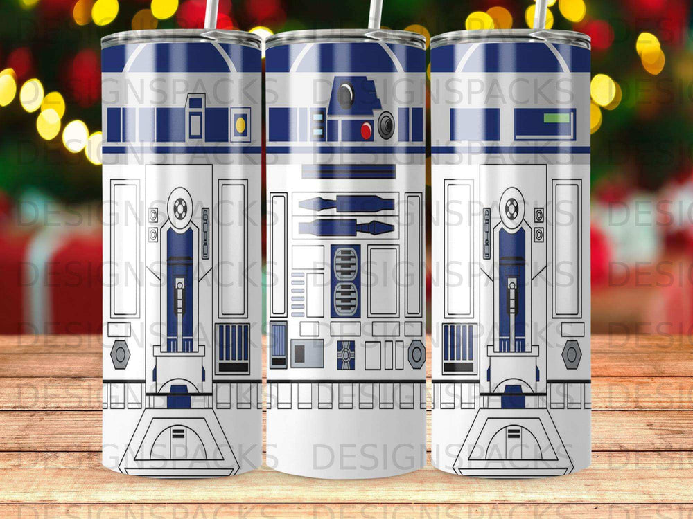 R2-D2 droid design on a blue and white tumbler.