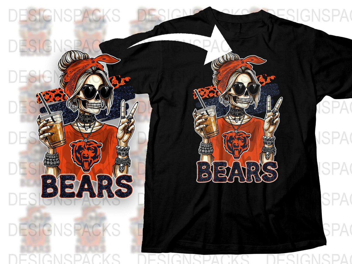 Skeleton Rocker Graphic T-Shirt, Bears Fan Tee, Orange Skull Design, Trendy Halloween Fashion, Unisex Casual Wear