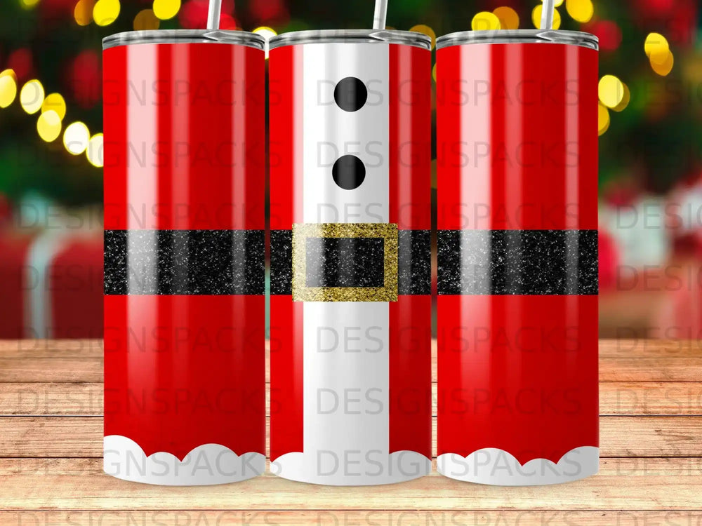 Santa suit pattern tumbler with gold belt buckle.