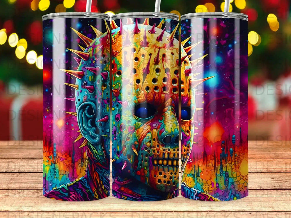 Disturbing, colorful, spiky alien face on a tumbler.