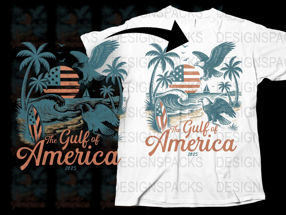 Vintage Tropical Graphic T-Shirt, Gulf of America Print, Retro Beach Style, Palm Trees and Birds Tee