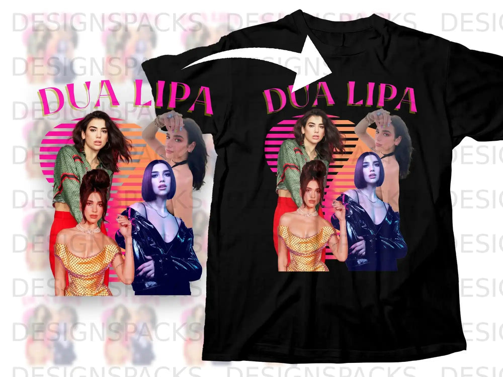 Dua Lipa graphic on black t-shirt, featuring artist in two poses.