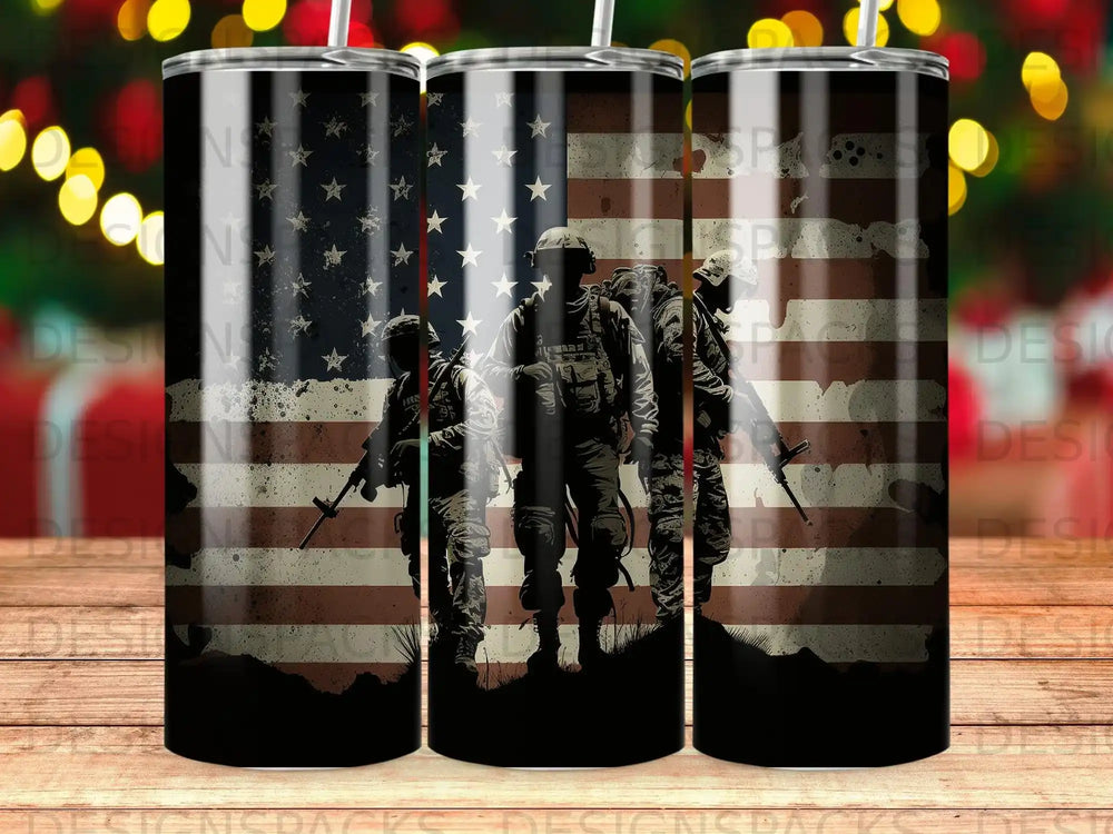 Three soldiers stand in front of an American flag.