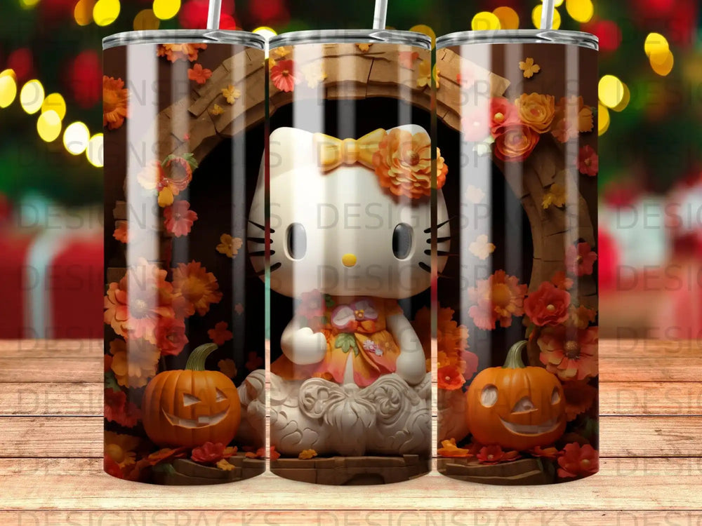 Hello Kitty character with pumpkins and autumn flowers on a tumbler.