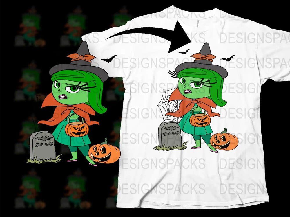 Halloween Witch Graphic T-Shirt, Cute Zombie Witch with Pumpkins, Kids and Adults Casual Wear