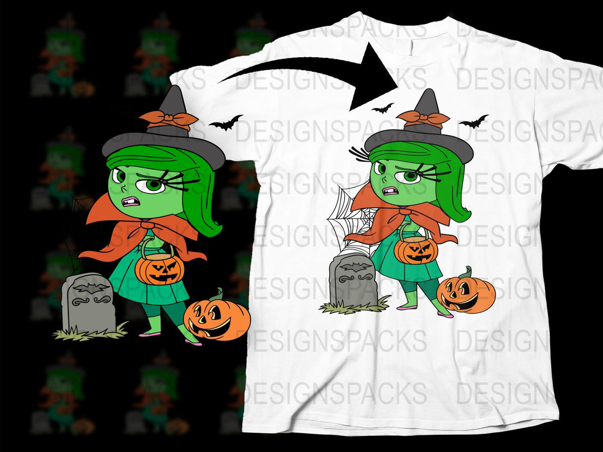 Halloween Witch Graphic T-Shirt, Cute Zombie Witch with Pumpkins, Kids and Adults Casual Wear