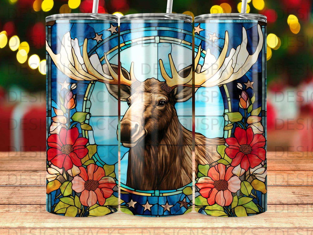 Stained glass moose surrounded by flowers and geometric patterns.