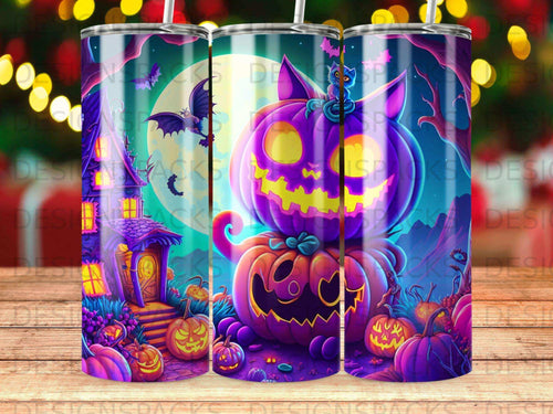 Halloween pumpkins, haunted house, and bat under a full moon.