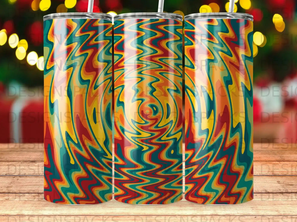 Concentric wavy rings of red, yellow, green, and blue form a psychedelic pattern on a tumbler.