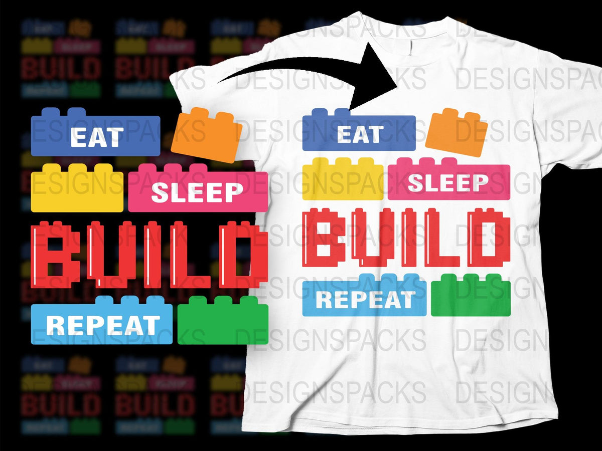 Colorful Eat Sleep Build Repeat LEGO Inspired T-Shirt, Fun Building Blocks Graphic Tee for All Ages