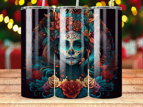Sugar skull woman adorned with colorful flowers and ornate details.