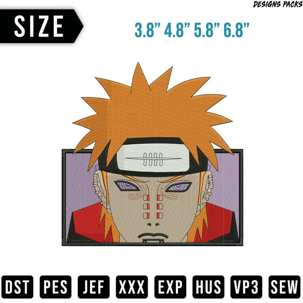 Naruto character Pain embroidery design with size and file format options.