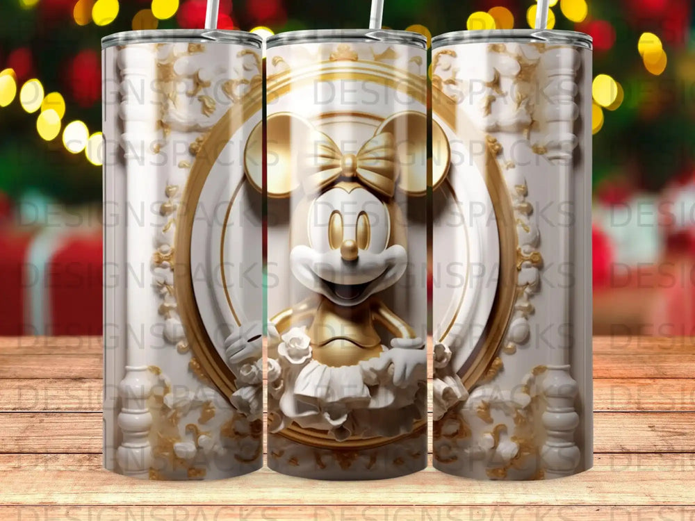 Mickey Mouse character in ornate gold relief against a festive bokeh background.