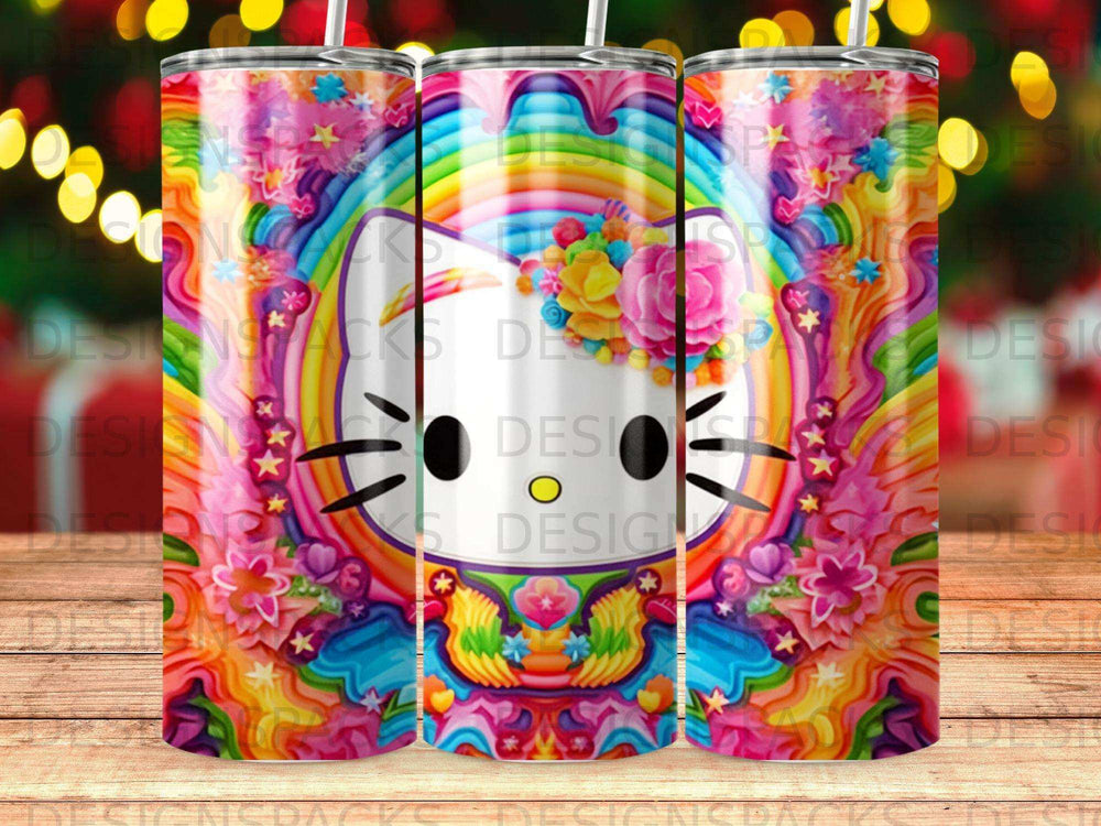 Hello Kitty face with rainbow floral background on a skinny tumbler.