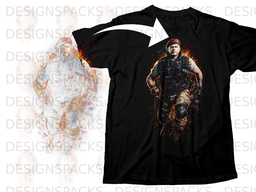 Black t-shirt with a graphic of a soldier in tactical gear and a red beret.
