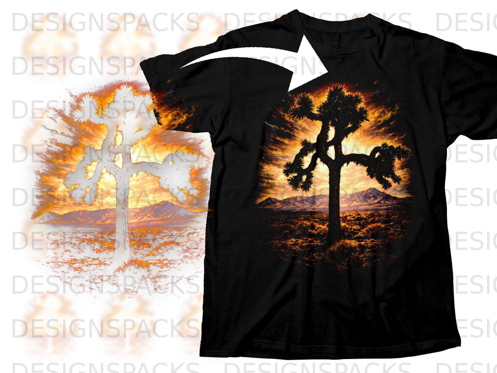 Black t-shirt featuring a silhouetted Joshua tree against a fiery desert sunset.