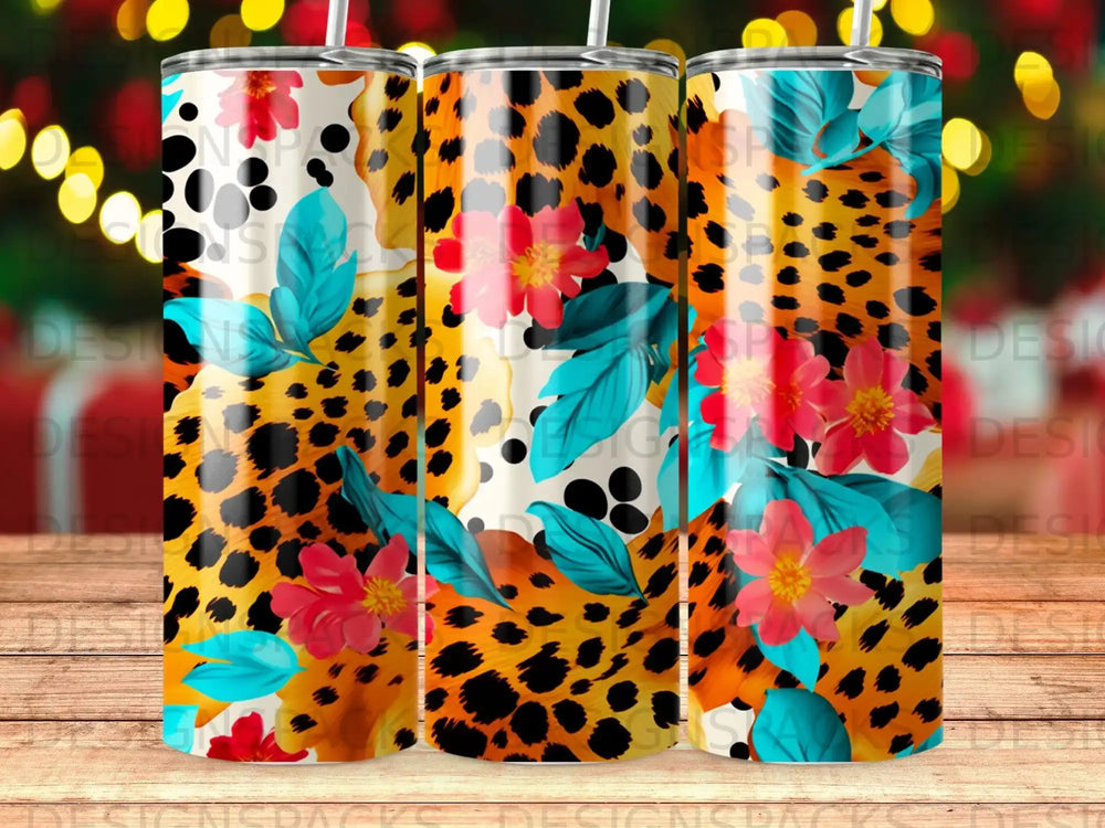 Leopard print tumbler with tropical flowers and leaves.