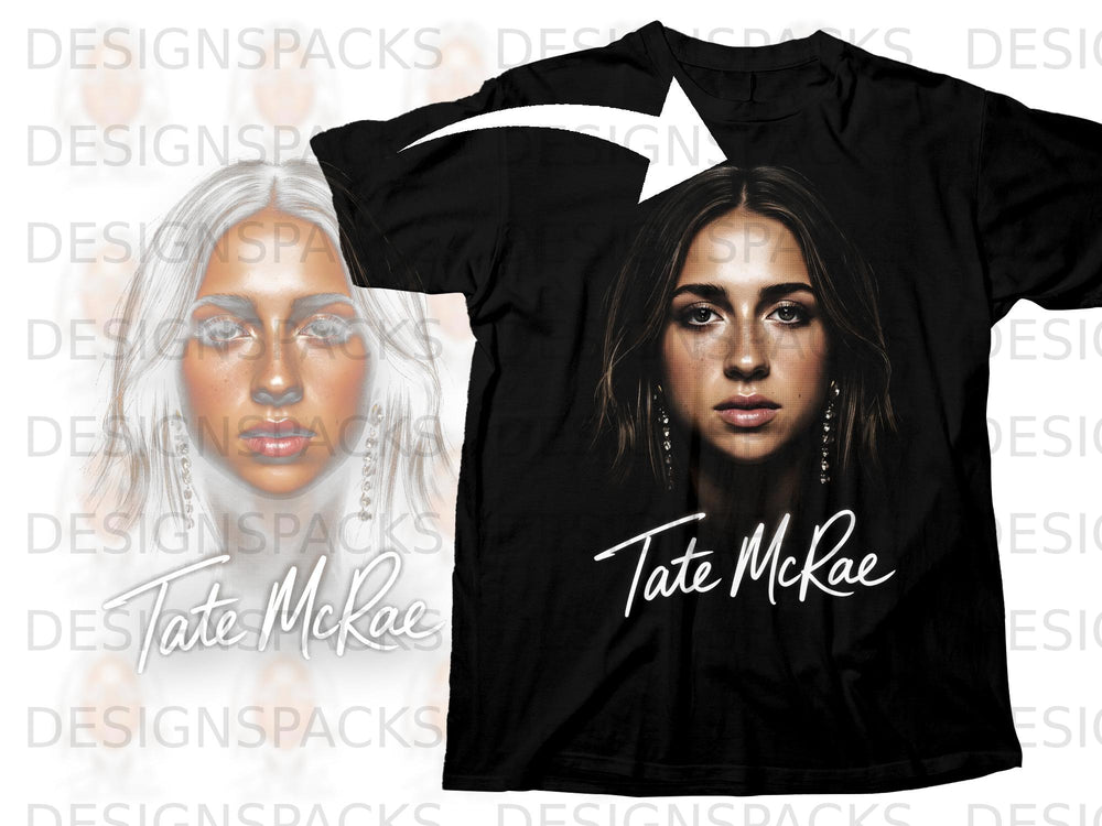 Black t-shirt with a portrait of Tate McRae and her name.