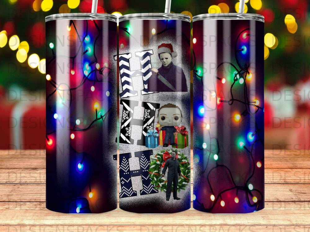 Halloween tumbler with Michael Myers, festive lights, and "HA HA HA" text.
